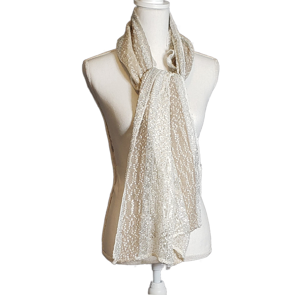 Radiant Elegance: Sparkly Silver, White, and Beige Scarf